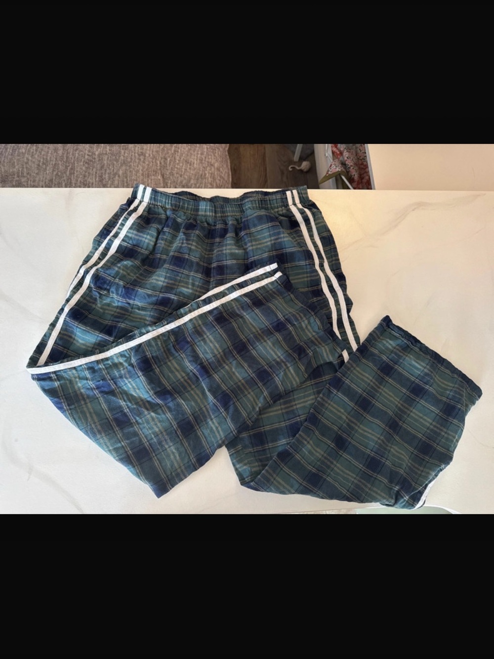 No Boundaries Blue and Green Plaid Pajama Pants with White Side Stripes